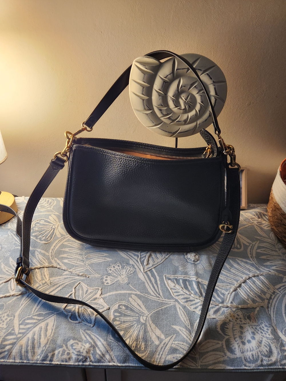 Coach Cary Black Pebbled Leather Shoulder Bag with Gold Accents